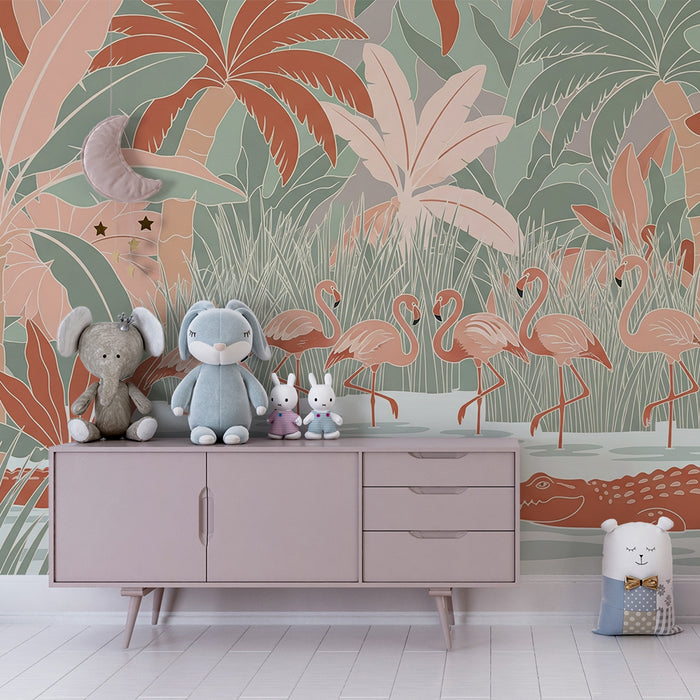 Barntapet | Färgglad djungel med flamingos och krokodiler