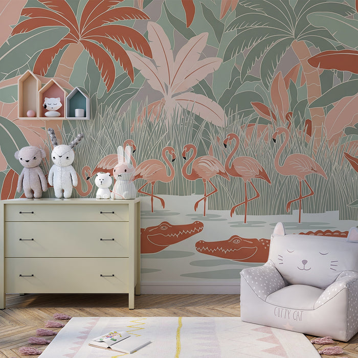 Barntapet | Färgglad djungel med flamingos och krokodiler