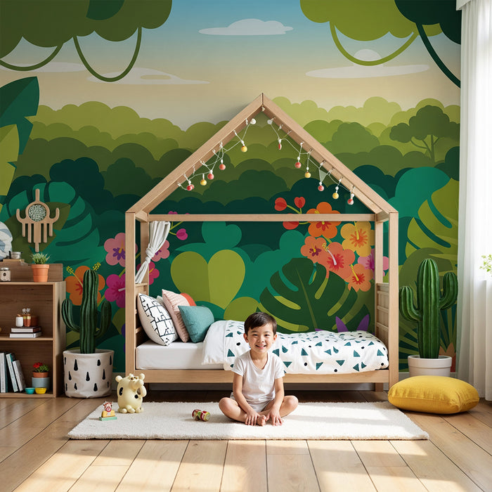 Papier peint chambre enfant | Jungle colorée avec fleurs exotiques et feuillage luxuriant