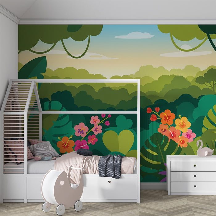 Papier peint chambre enfant | Jungle colorée avec fleurs exotiques et feuillage luxuriant