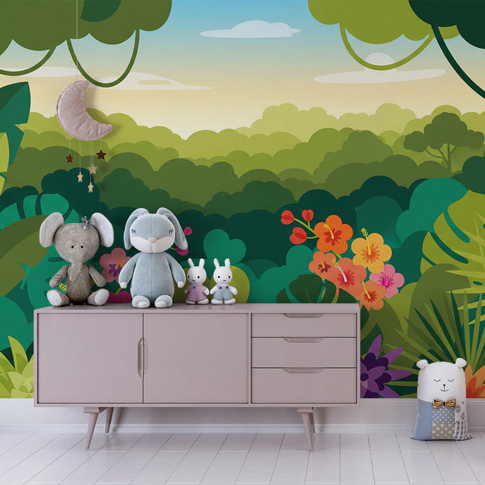 Papier peint chambre enfant | Jungle colorée avec fleurs exotiques et feuillage luxuriant