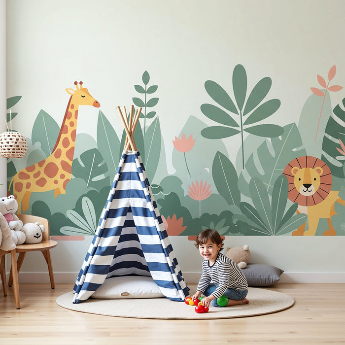 Kinderzimmer Tapete | Bunte Dschungel mit Giraffe, Flamingo und Löwe