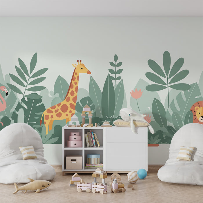 Kinderzimmer Tapete | Bunte Dschungel mit Giraffe, Flamingo und Löwe