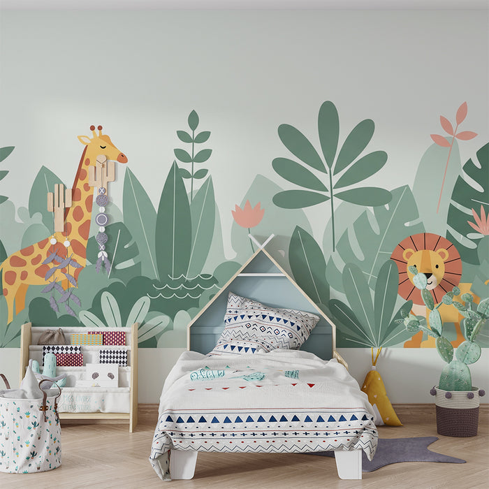 Kinderzimmer Tapete | Bunte Dschungel mit Giraffe, Flamingo und Löwe