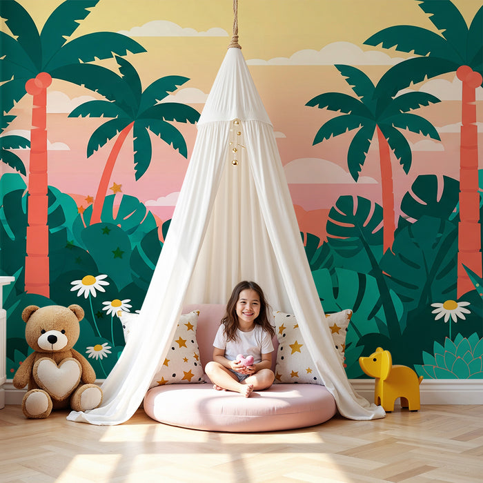 Kinderzimmer Tapete | Bunte Dschungel mit Palmen und Blumen