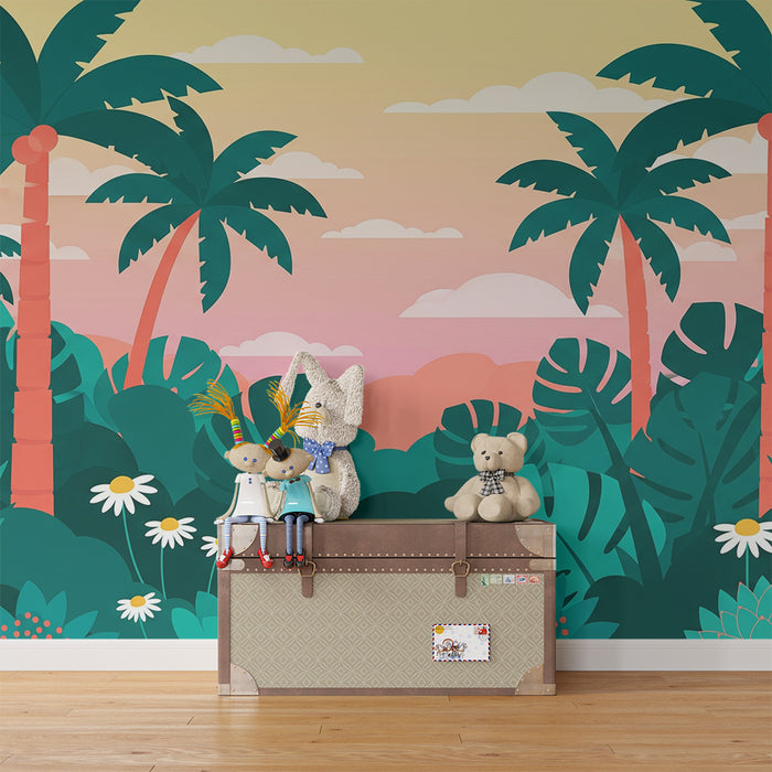 Kinderzimmer Tapete | Bunte Dschungel mit Palmen und Blumen
