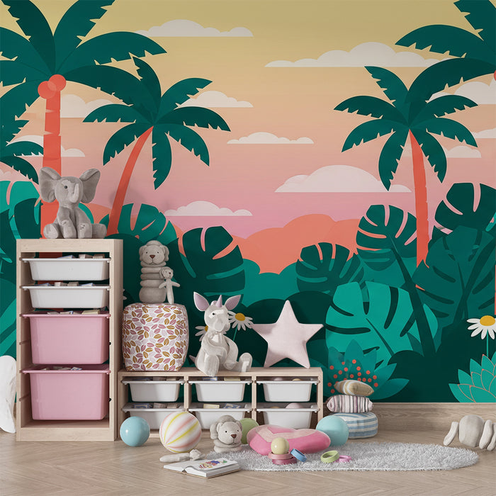 Kinderzimmer Tapete | Bunte Dschungel mit Palmen und Blumen