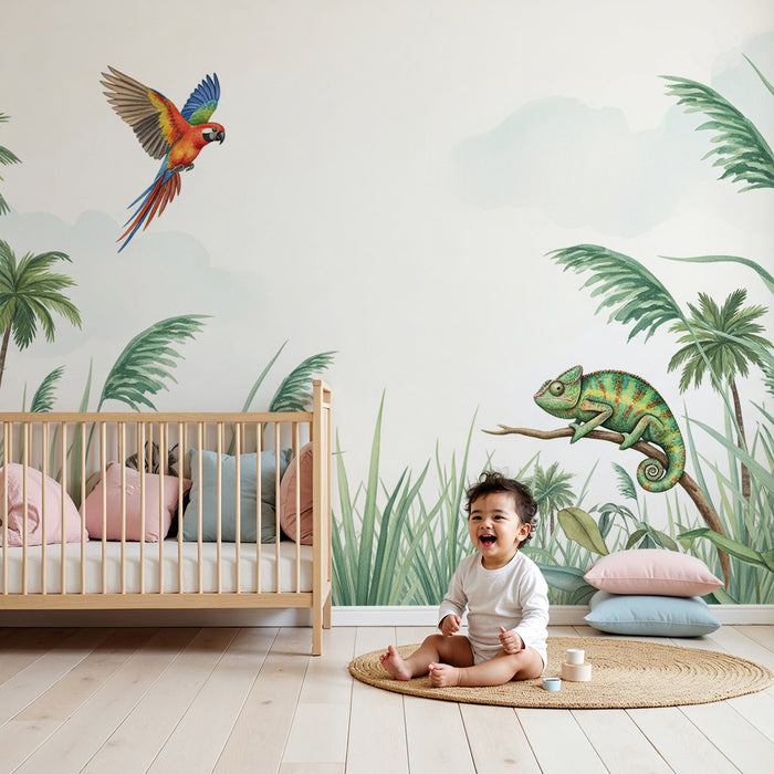 Kinderkamer behang | Kleurrijke jungle met papegaai, zebra en kameleon