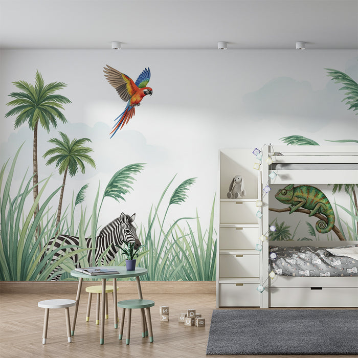 Kinderkamer behang | Kleurrijke jungle met papegaai, zebra en kameleon