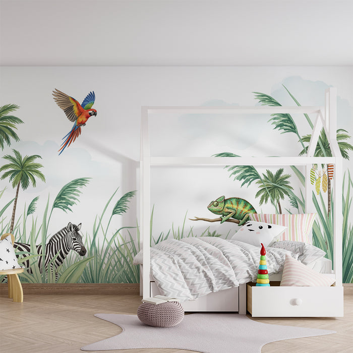 Kinderkamer behang | Kleurrijke jungle met papegaai, zebra en kameleon