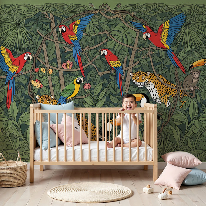 Kinderkamer behang | Kleurrijke jungle met papegaaien, jaguars en toekans