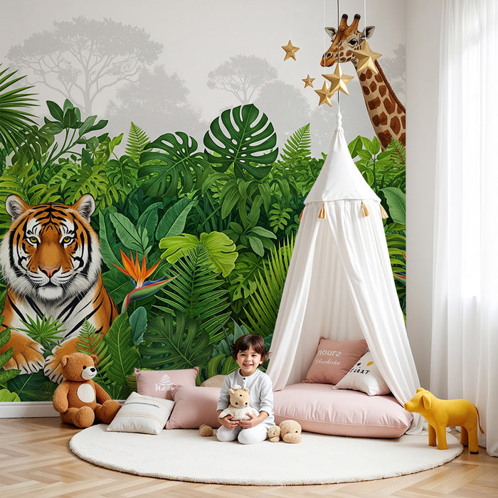 Børneværelse tapet | Farverig jungle med tiger, giraf og flamingo