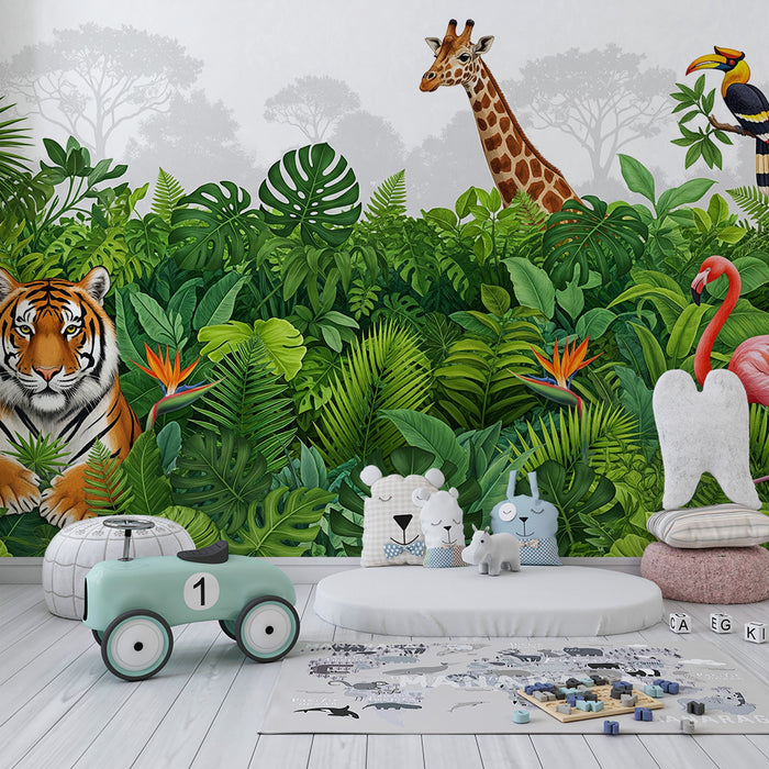 Børneværelse tapet | Farverig jungle med tiger, giraf og flamingo