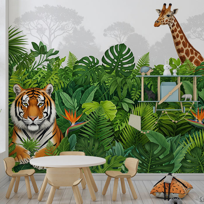 Børneværelse tapet | Farverig jungle med tiger, giraf og flamingo