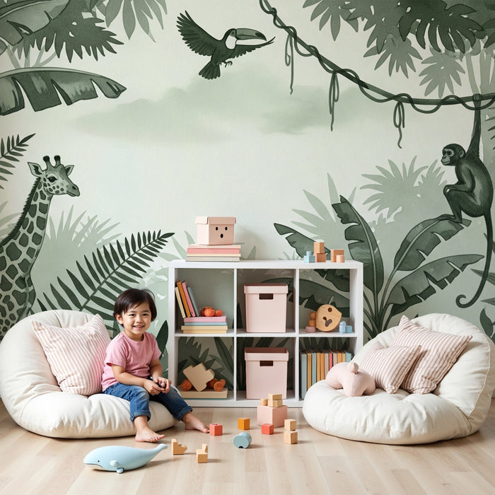 Papier peint chambre enfant | Jungle verdoyante avec animaux