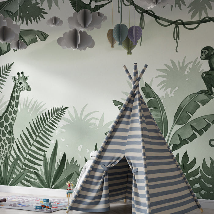 Papier peint chambre enfant | Jungle verdoyante avec animaux