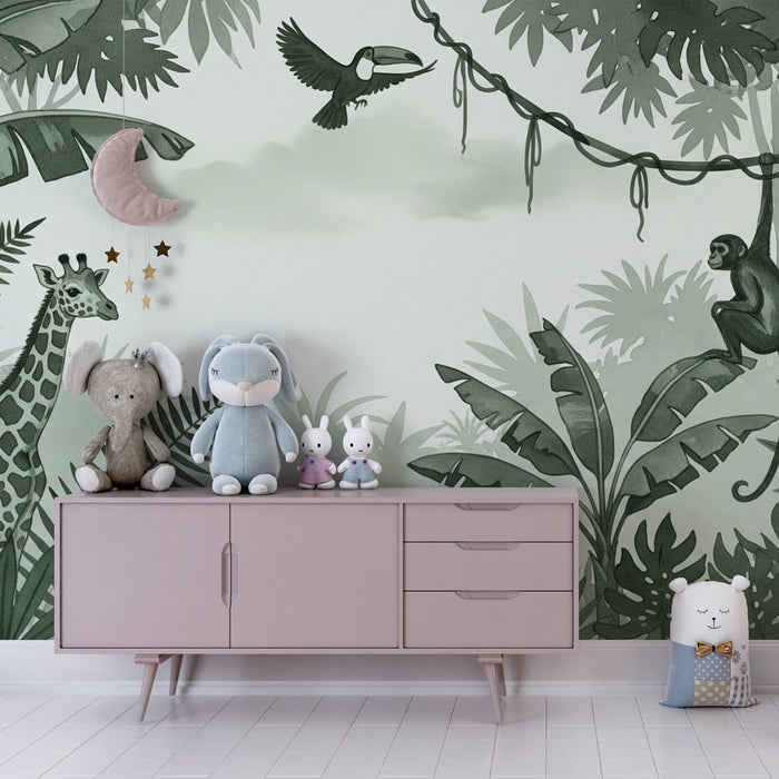 Papier peint chambre enfant | Jungle verdoyante avec animaux