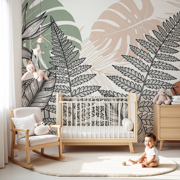 Papier peint chambre enfant | Jungle enchantée en noir et blanc