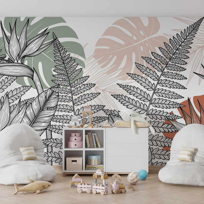 Papier peint chambre enfant | Jungle enchantée en noir et blanc
