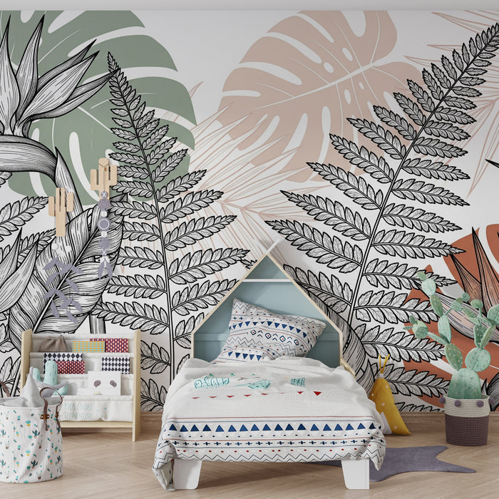 Papier peint chambre enfant | Jungle enchantée en noir et blanc