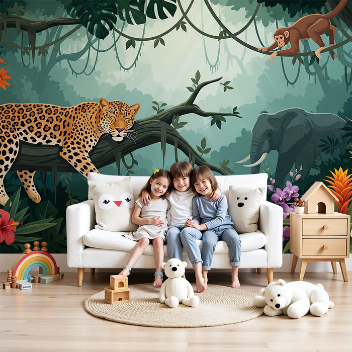Papier peint chambre enfant | Jungle exotique avec léopard, éléphant et singe