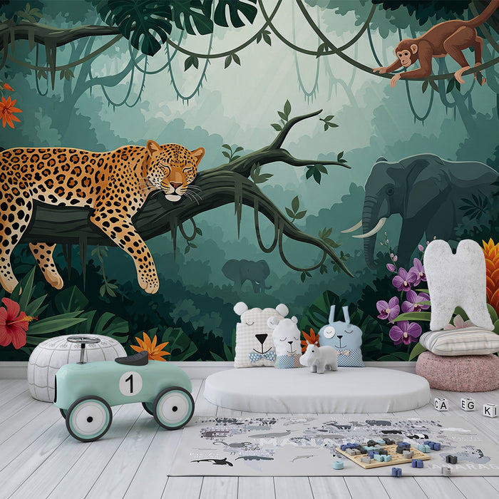 Papier peint chambre enfant | Jungle exotique avec léopard, éléphant et singe
