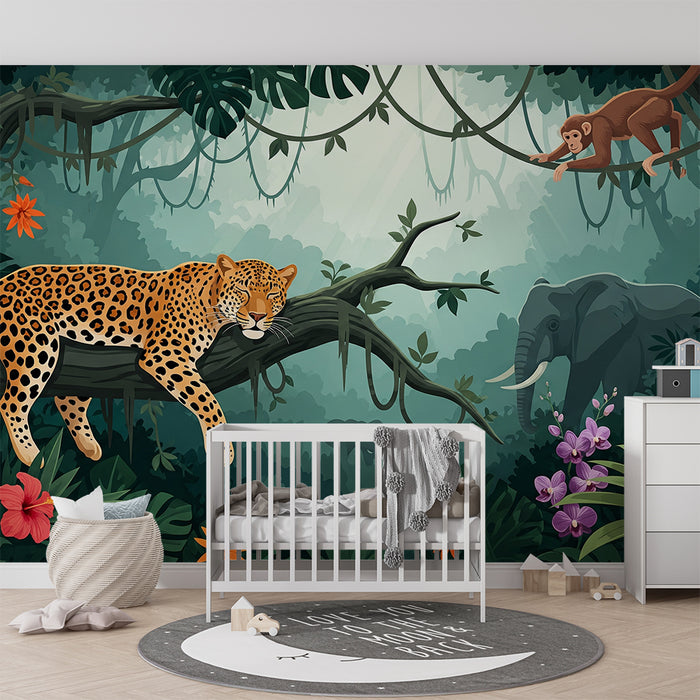 Papier peint chambre enfant | Jungle exotique avec léopard, éléphant et singe