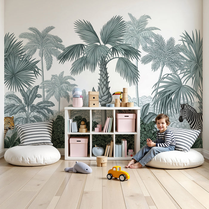 Barntapet | Exotisk djungel med leopard, tukan och zebra