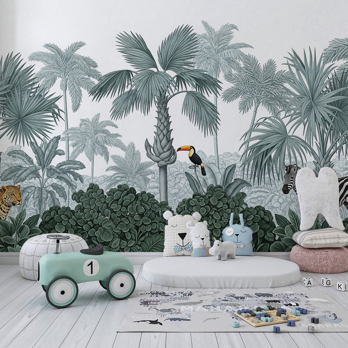 Barntapet | Exotisk djungel med leopard, tukan och zebra