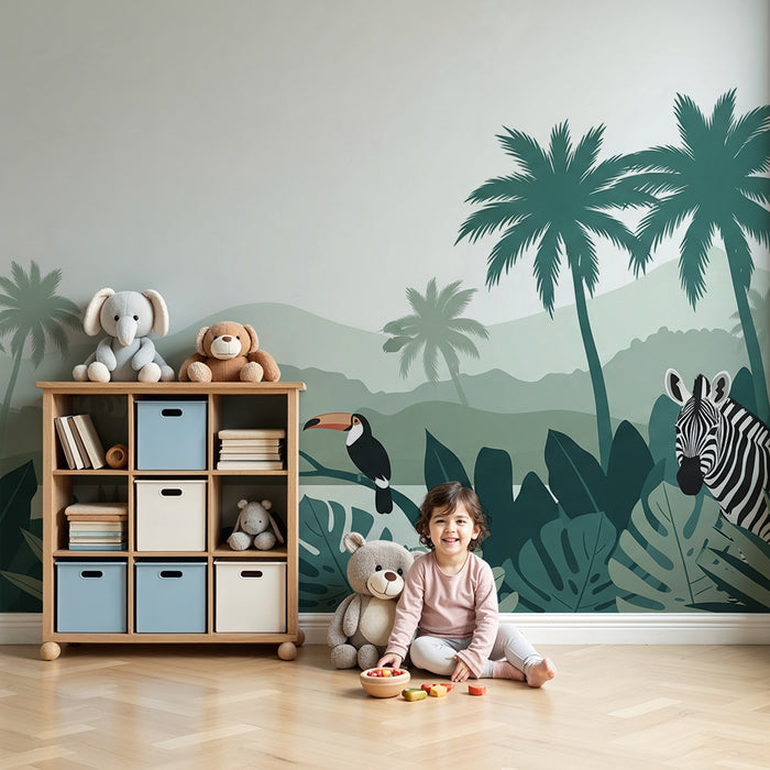 Carta da parati bambini | Giungla esotica con leopardo, zebra e tucano