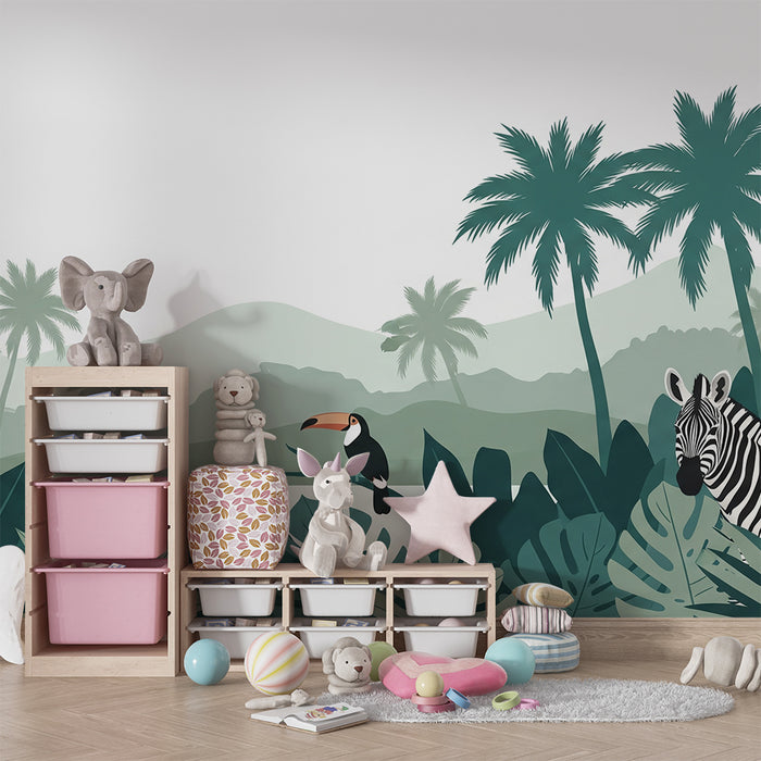 Carta da parati bambini | Giungla esotica con leopardo, zebra e tucano
