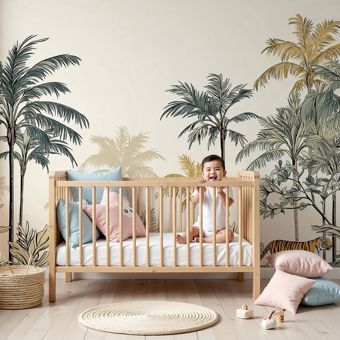 Gyermekszoba tapéta | Egzotikus dzsungel tigrissel és pálmafákkal