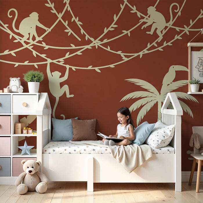 Papier de parede criança | Džungelsko igrišče s opicami in krokodili na terakota ozadju