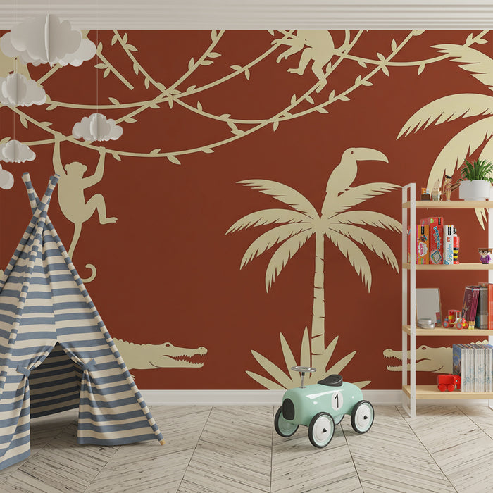 Papier de parede criança | Džungelsko igrišče s opicami in krokodili na terakota ozadju