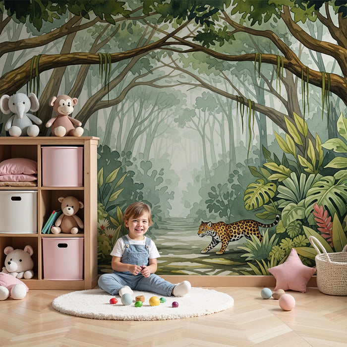 Kinderkamer behang | Weelderige jungle met luipaard en tropische bladeren