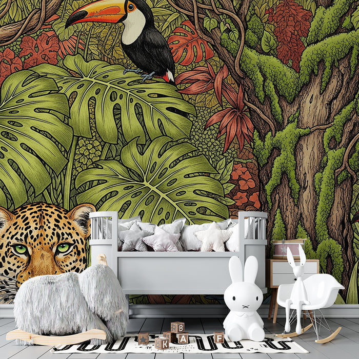 Børneværelse tapet | Lush jungle med leopard og farverig tukan