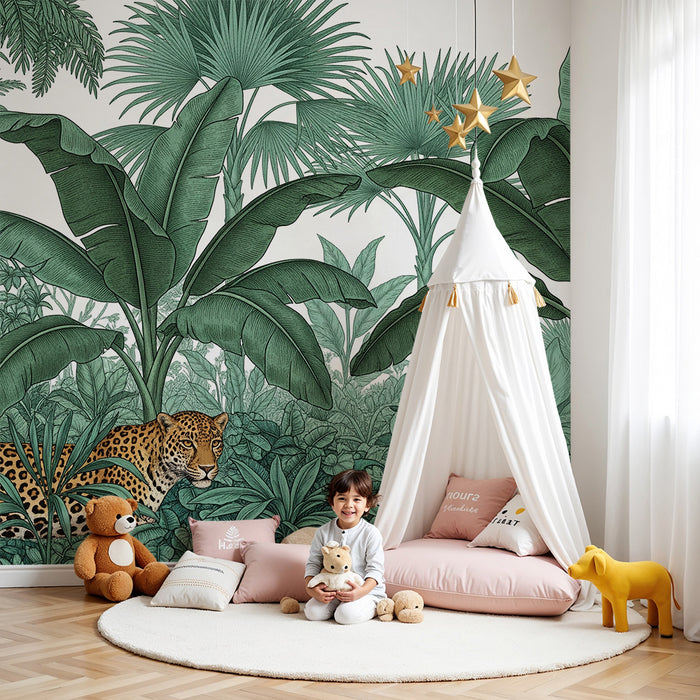 Carta da parati bambini | Giungla lussureggiante con leopardo e zebra