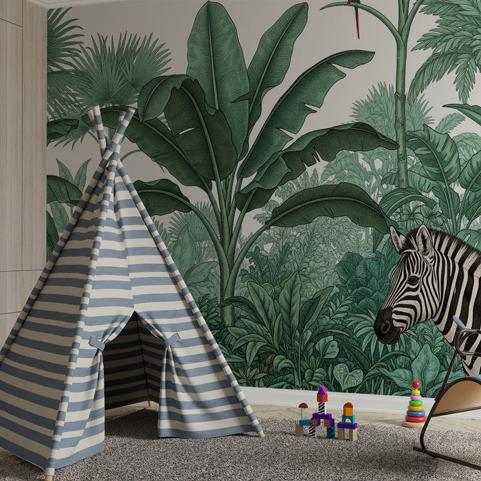 Carta da parati bambini | Giungla lussureggiante con leopardo e zebra