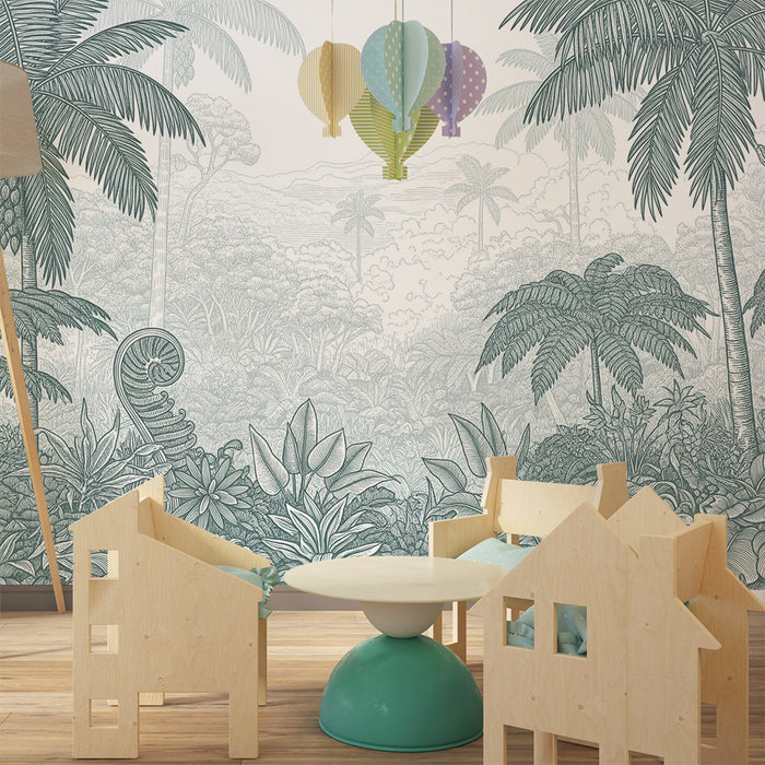 Papier peint chambre enfant | Jungle luxuriante avec palmiers et feuillage détaillé
