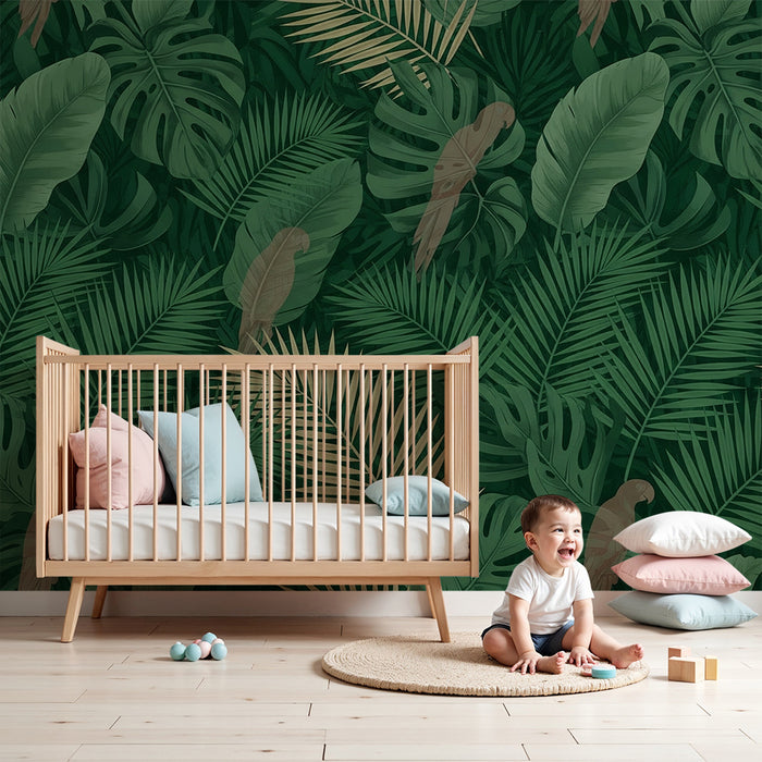 Papier peint chambre enfant | Jungle luxuriante avec perroquets et feuillage tropical
