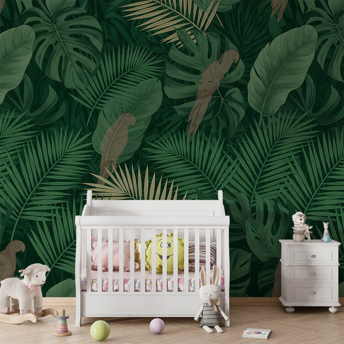 Papier peint chambre enfant | Jungle luxuriante avec perroquets et feuillage tropical