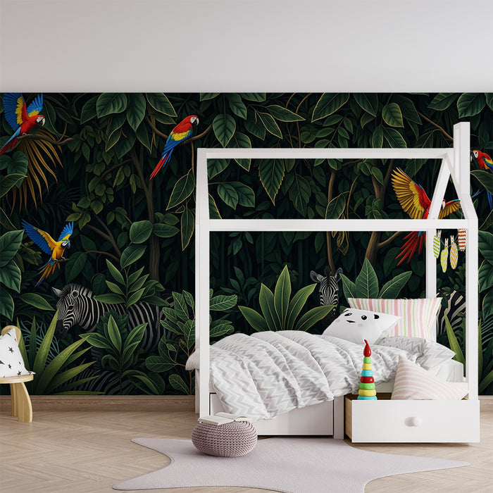 Papel de parede criança | Selva exuberante com papagaios e zebras