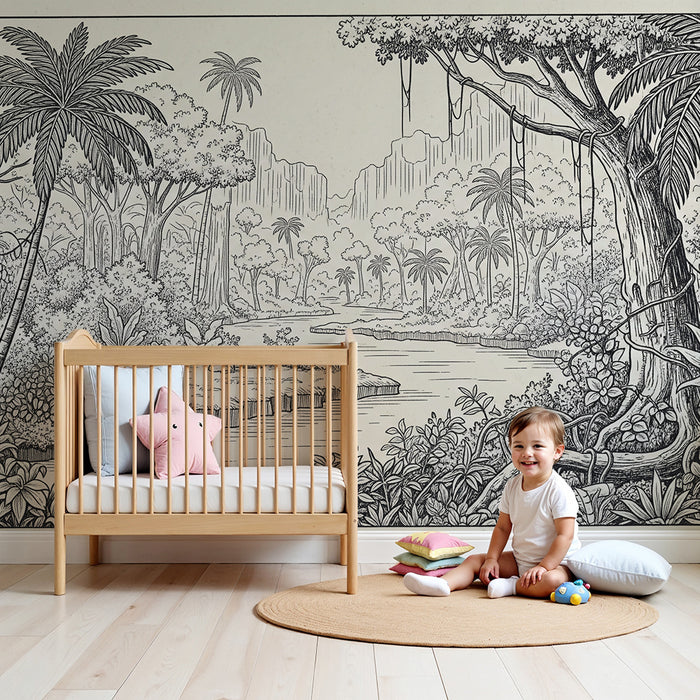 Papier peint chambre enfant | Jungle luxuriante avec riviere et palmiers