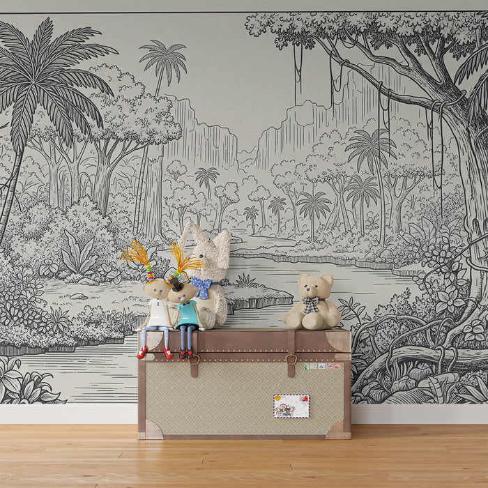 Papier peint chambre enfant | Jungle luxuriante avec riviere et palmiers