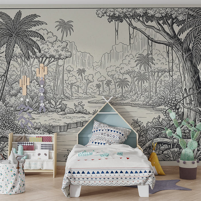 Papier peint chambre enfant | Jungle luxuriante avec riviere et palmiers