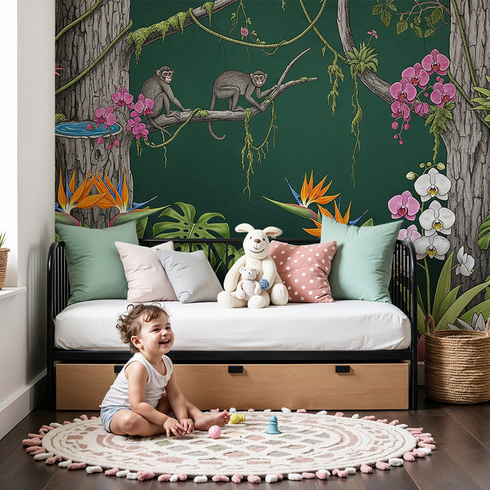 Papel de parede criança | Selva luxuriante com macacos e flores exóticas