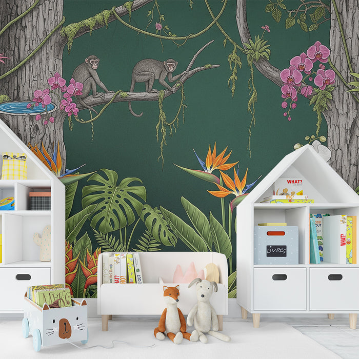 Papel de parede criança | Selva luxuriante com macacos e flores exóticas