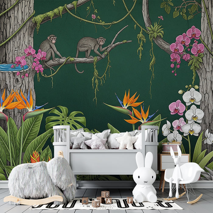Papel de parede criança | Selva luxuriante com macacos e flores exóticas