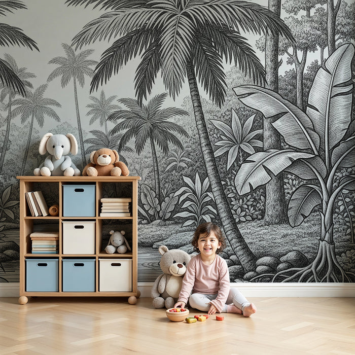 Papier peint chambre enfant | Jungle monochrome avec palmiers et ruisseau