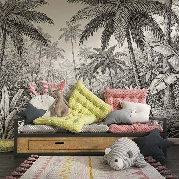 Papier peint chambre enfant | Jungle monochrome avec palmiers et ruisseau